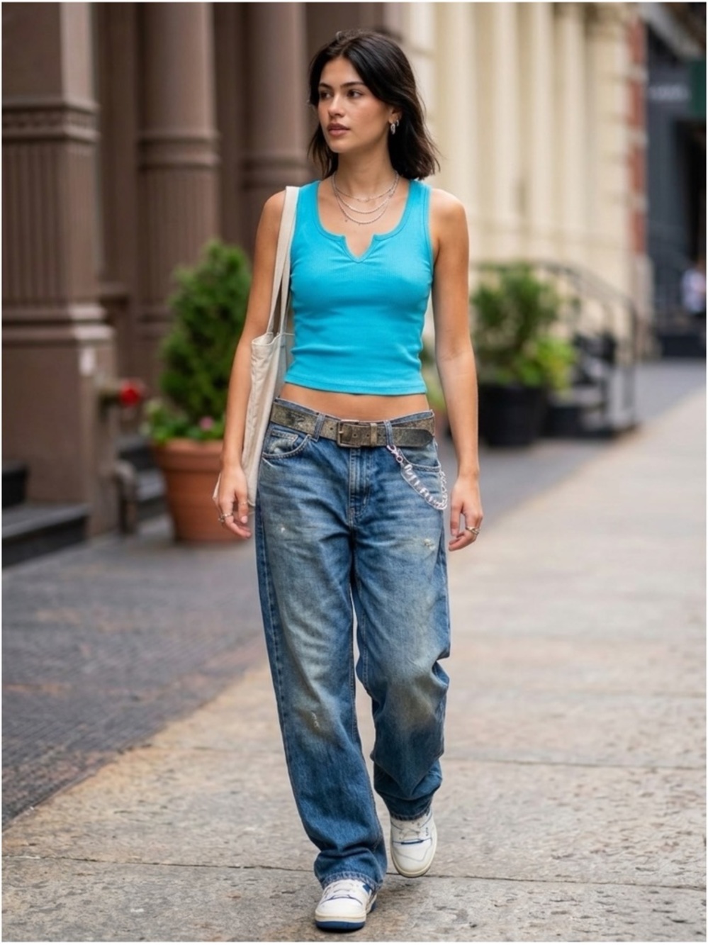 NWT Bobi Split-Neck Ribbed Crop Tank Pool Blue Y2K Model Off Duty Look M